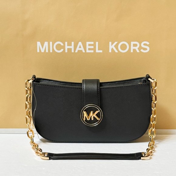 Michael Kors Carmen Small Pouchette Shoulder Chain Bag Black/Gold Hardware - Picture 1 of 16